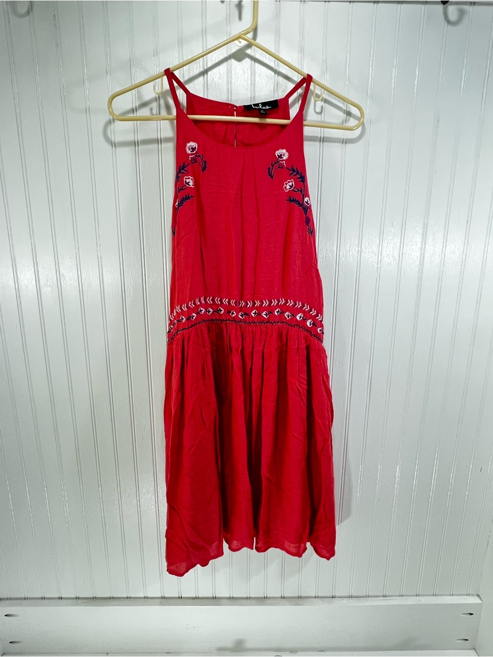 Lulus Embroidered Boho Floral Halter Mini Dress Coral Size M